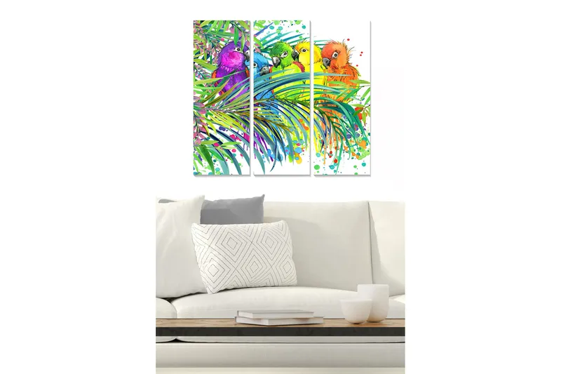 Puinen canvastaulu, 3 osaa, 50x70 cm - Värikkäitä papukaijoja trooppisten kasvien keskellä, Vihreä / Violetti / Oranssi