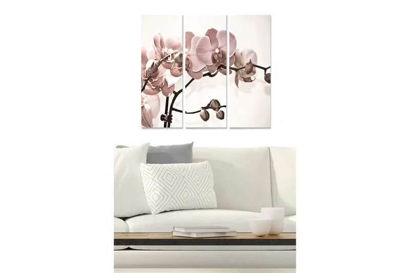 Puinen canvastaulu, 3 osaa, 50x70 cm - Vaaleanpunaiset orkideat tyylikkäällä taustalla, Vaaleanpunainen / Beige / Ruskea