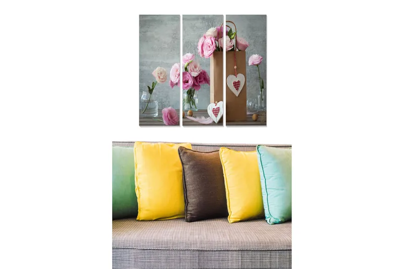 Puinen canvastaulu, 3 osaa, 50x70 cm - Vaaleanpunaisten kukkien kimppu paperipussissa, Vaaleanpunainen / Harmaa / Valkoinen