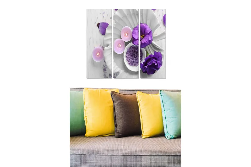 Puinen canvastaulu, 3 osaa, 50x70 cm - Vaaleanvioletit kukat ja kynttilät valkoisella pohjalla, Vaaleanvioletti / Valkoinen / Harmaa