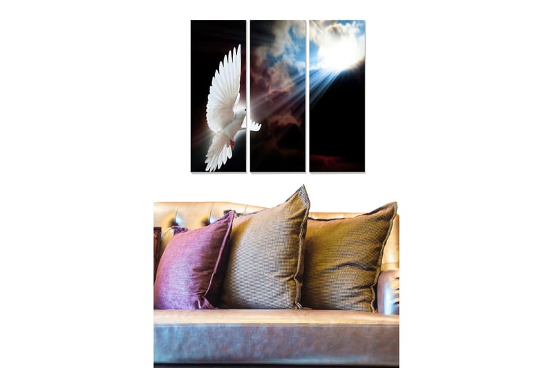 Puinen canvastaulu, 3 osaa, 50x70 cm - Valkoinen kyyhky lennossa dramaattista taivasta vasten - Valkoinen / Musta / Sininen - Sisustustuotteet - Taulu & taide - Canvas-taulu