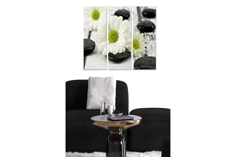 Puinen canvastaulu, 3 osaa, 50x70 cm - Valkoisia kukkia mustilla kivillä puupinnalla, Valkoinen / Musta / Vihreä