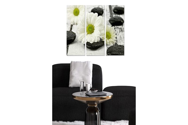 Puinen canvastaulu, 3 osaa, 50x70 cm - Valkoisia kukkia mustilla kivillä puupinnalla, Valkoinen / Musta / Vihreä