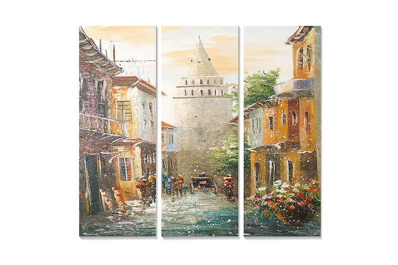 Puinen canvastaulu, 3 osaa, 50x70 cm - Vanhakaupunki historiallisine rakennuksineen ja tornimaisine rakennelmineen keskellä - Oranssi / Vihreä / Sininen - Sisustustuotteet - Taulu & taide - Canvas-taulu