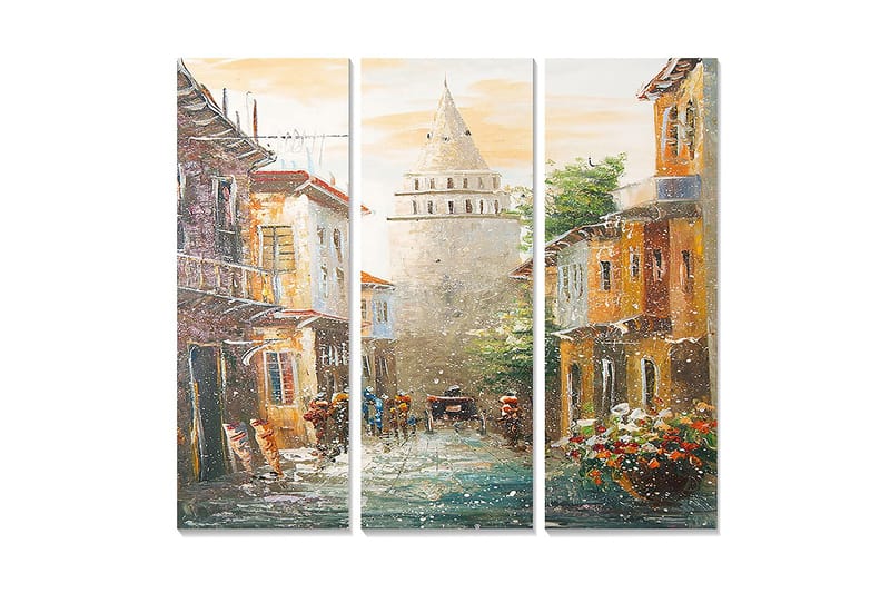 Puinen canvastaulu, 3 osaa, 50x70 cm - Vanhakaupunki historiallisine rakennuksineen ja tornimaisine rakennelmineen keskellä, Oranssi / Vihreä / Sininen