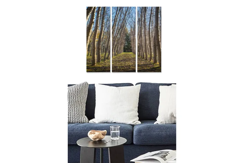 Puinen canvastaulu, 3 osaa, 50x70 cm - Vehreä katu korkeine puineen kohti kirkasta taivasta, Vihreä / Ruskea / Sininen