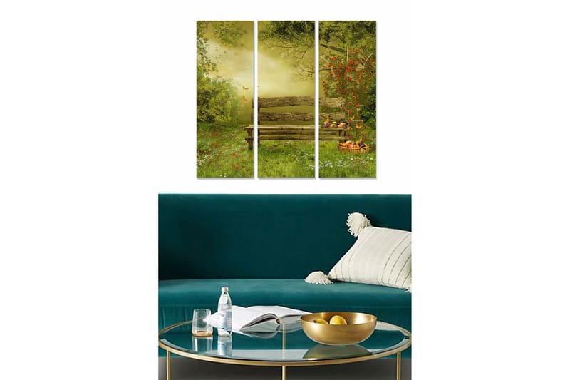 Puinen canvastaulu, 3 osaa, 50x70 cm - Vehreä puisto, jossa on penkki ja hedelmäkori kukkien ja perhosten ympäröimänä, Vihreä / Punainen / Keltainen