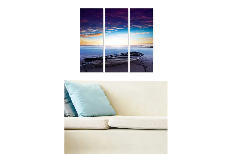 Puinen canvastaulu, 3 osaa, 50x70 cm - Vene rannalla värikkään auringonlaskun aikaan, Violetti / Sininen / Oranssi