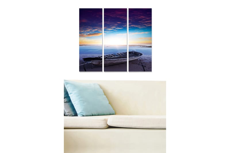 Puinen canvastaulu, 3 osaa, 50x70 cm - Vene rannalla värikkään auringonlaskun aikaan, Violetti / Sininen / Oranssi