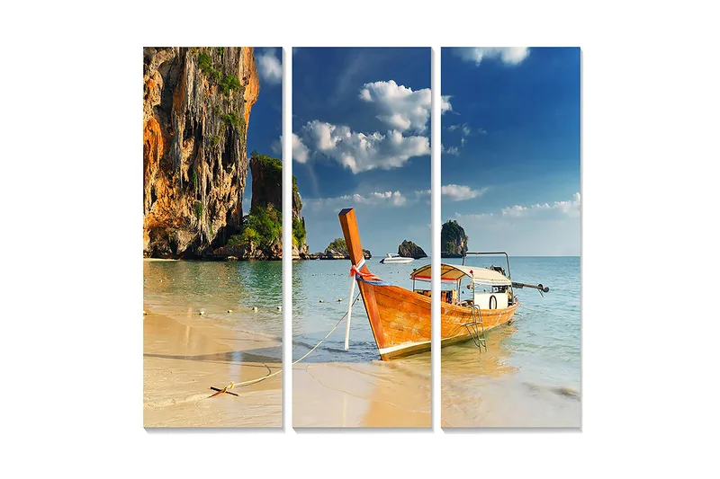 Puinen canvastaulu, 3 osaa, 50x70 cm - Vene trooppisella rannalla, taustalla kiviä - Oranssi / Sininen / Vihreä - Sisustustuotteet - Taulu & taide - Canvas-taulu
