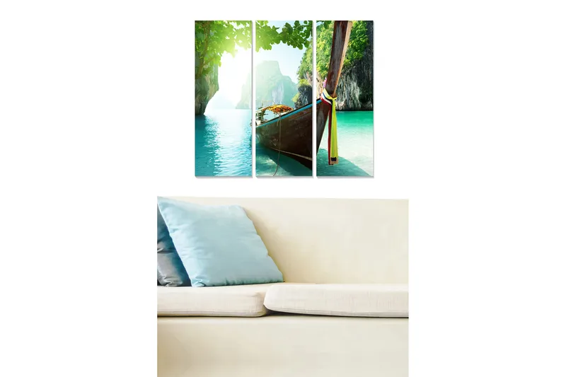 Puinen canvastaulu, 3 osaa, 50x70 cm - Vene trooppisella rannalla kirkkaan turkoosin veden alla, Turkoosi / Vihreä / Ruskea