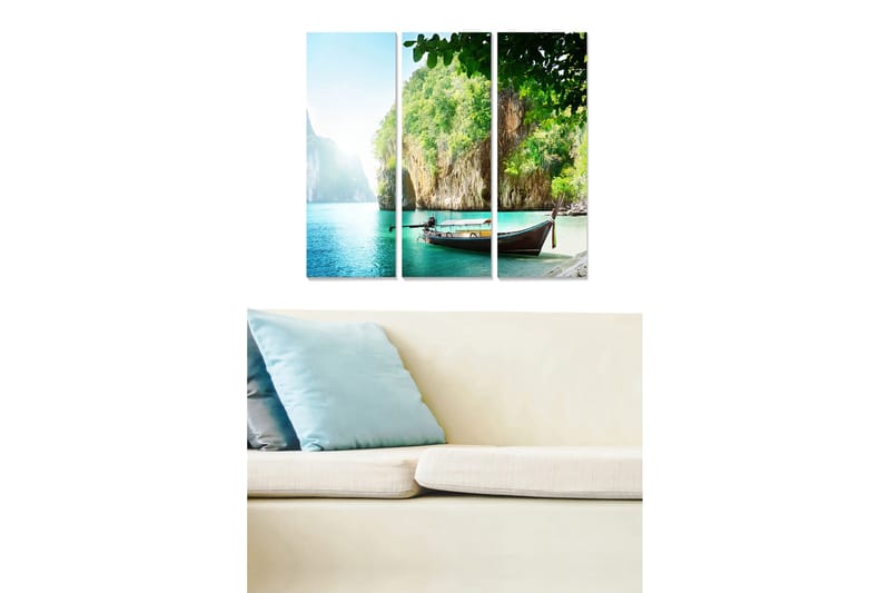 Puinen canvastaulu, 3 osaa, 50x70 cm - Vene trooppisella rannalla kivien ja vehreyden keskellä, Turkoosi / Vihreä / Beige
