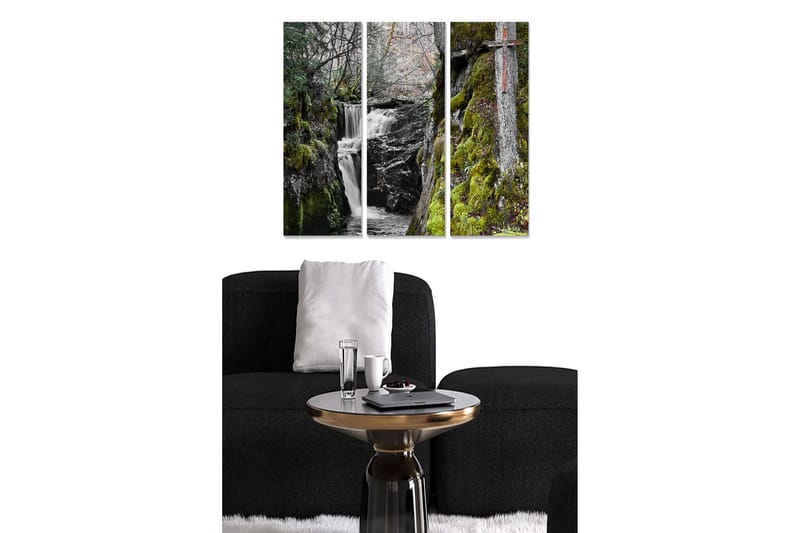 Puinen canvastaulu, 3 osaa, 50x70 cm - Vesiputous rehevän sammaleen ja puiden ympäröimänä, Vihreä / Musta / Valkoinen