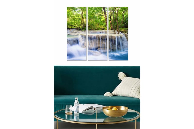Puinen canvastaulu, 3 osaa, 50x70 cm - Vesiputous rehevän vehreyden ympäröimänä, Vihreä / Sininen / Beige