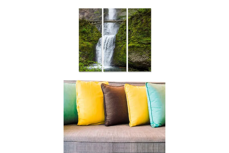 Puinen canvastaulu, 3 osaa, 50x70 cm - Vesiputous rehevien kallioiden ympäröimänä, Vihreä / Valkoinen / Harmaa