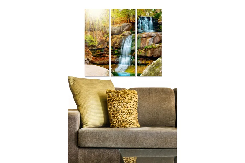 Puinen canvastaulu, 3 osaa, 50x70 cm - Vesiputous syksyisen luonnon ympäröimänä, Vihreä / Ruskea / Sininen