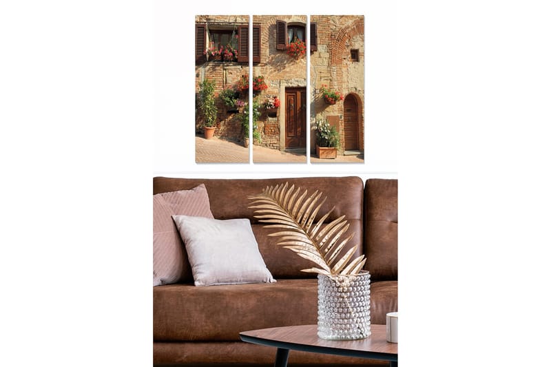 Puinen canvastaulu, 3 osaa, 50x70 cm - Viehättävä italialainen talon julkisivu ja kukkia ikkunoissa, Terrakotta / Harmaa / Vihreä