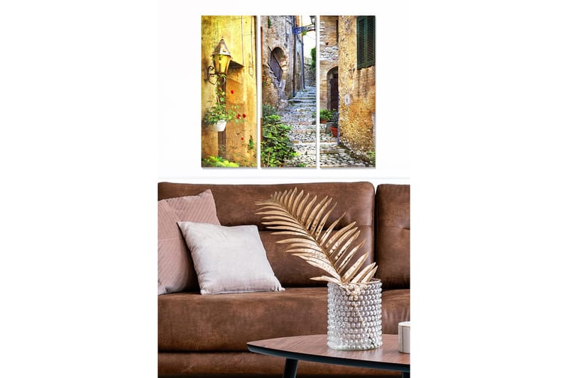 Puinen canvastaulu, 3 osaa, 50x70 cm - Viehättävä kuja, jossa on kivilaattoja ja kasvillisuutta, Kulta / Vihreä / Punainen