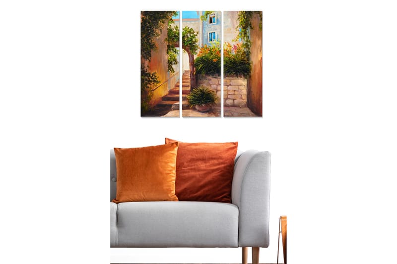 Puinen canvastaulu, 3 osaa, 50x70 cm - Viehättävä kuja kukilla ja portailla, Vihreä / Oranssi / Beige