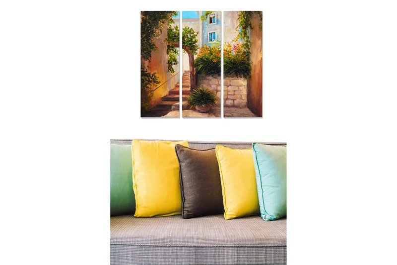 Puinen canvastaulu, 3 osaa, 50x70 cm - Viehättävä kuja kukka-asetelmilla ja kivetyillä portailla, Vihreä / Beige / Sininen