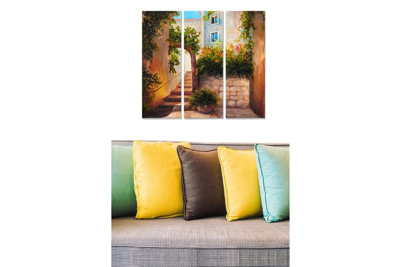 Puinen canvastaulu, 3 osaa, 50x70 cm - Viehättävä kuja kukka-asetelmilla ja kivetyillä portailla, Vihreä / Beige / Sininen