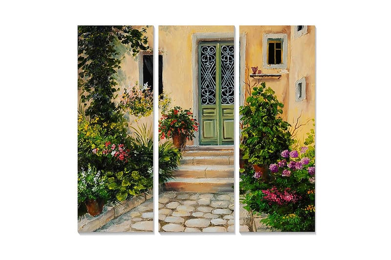 Puinen canvastaulu, 3 osaa, 50x70 cm - Viehättävä sisäänkäynti kukkivalla puutarhalla, Vihreä / Vaaleanpunainen / Keltainen