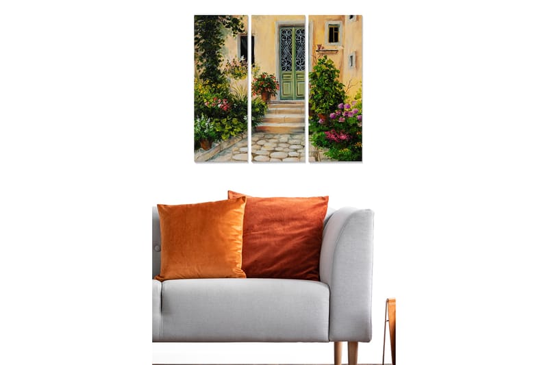 Puinen canvastaulu, 3 osaa, 50x70 cm - Viehättävä sisäänkäynti kukkivalla puutarhalla - Vihreä / Vaaleanpunainen / Keltainen - Sisustustuotteet - Taulu & taide - Canvas-taulu