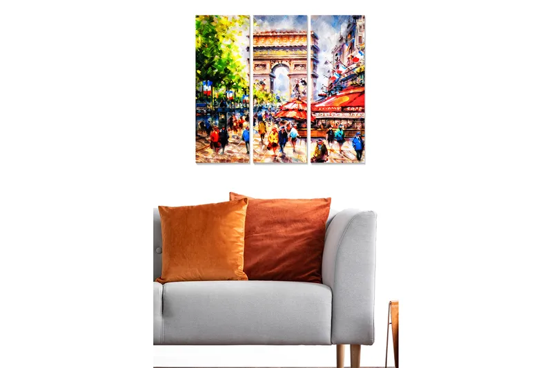 Puinen canvastaulu, 3 osaa, 50x70 cm - Vilkas kaupunkikuva ihmisten ja kahviloiden kanssa kuuluisalla monumentilla, Vihreä / Punainen / Sininen