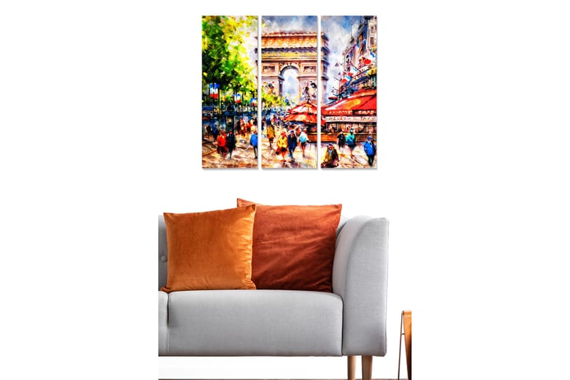 Puinen canvastaulu, 3 osaa, 50x70 cm - Vilkas kaupunkikuva ihmisten ja kahviloiden kanssa kuuluisalla monumentilla, Vihreä / Punainen / Sininen