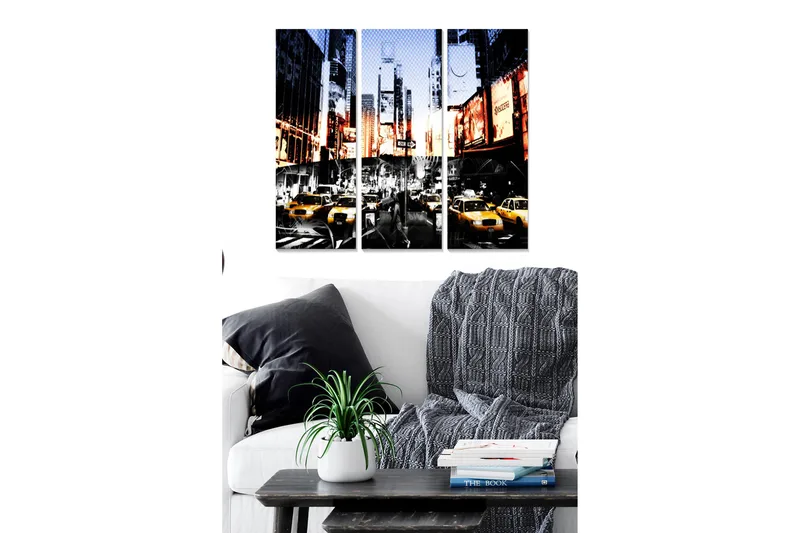 Puinen canvastaulu, 3 osaa, 50x70 cm - Vilkas kaupunkikuva keltaisilla takseilla urbaanissa ympäristössä, Keltainen / Musta / Sininen