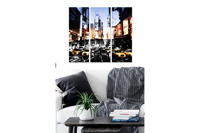 Puinen canvastaulu, 3 osaa, 50x70 cm - Vilkas kaupunkikuva keltaisilla takseilla urbaanissa ympäristössä, Keltainen / Musta / Sininen