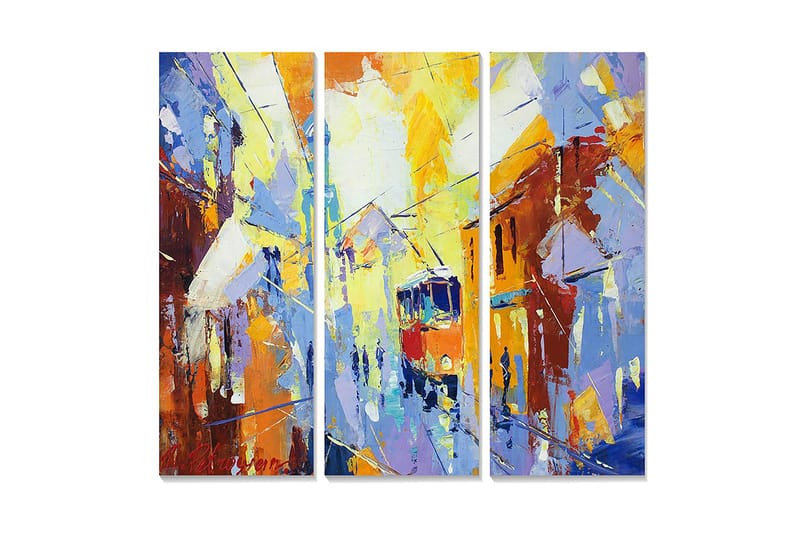 Puinen canvastaulu, 3 osaa, 50x70 cm - Vilkas kaupunkikuva liikkuvalla raitiovaunulla, Sininen / Oranssi / Keltainen