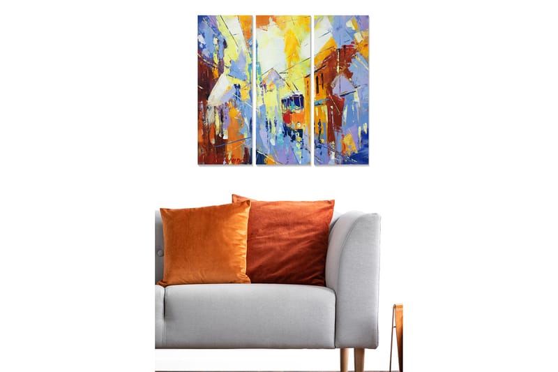 Puinen canvastaulu, 3 osaa, 50x70 cm - Vilkas kaupunkikuva liikkuvalla raitiovaunulla - Sininen / Oranssi / Keltainen - Sisustustuotteet - Taulu & taide - Canvas-taulu