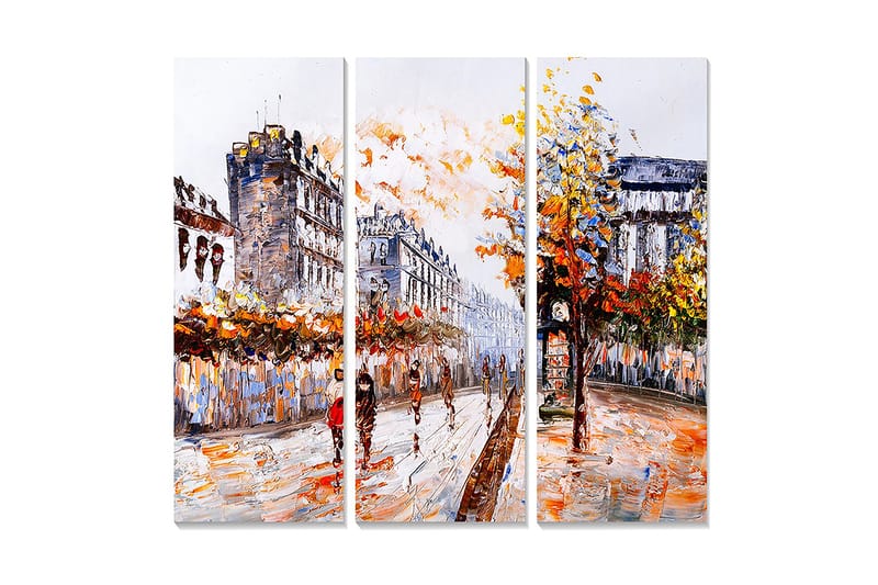 Puinen canvastaulu, 3 osaa, 50x70 cm - Vilkas kaupunkikuva syksyisillä puilla ja kadulla liikkuvilla ihmisillä, Oranssi / Keltainen / Sininen