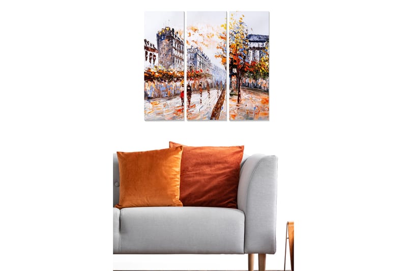 Puinen canvastaulu, 3 osaa, 50x70 cm - Vilkas kaupunkikuva syksyisillä puilla ja kadulla liikkuvilla ihmisillä - Oranssi / Keltainen / Sininen - Sisustustuotteet - Taulu & taide - Canvas-taulu