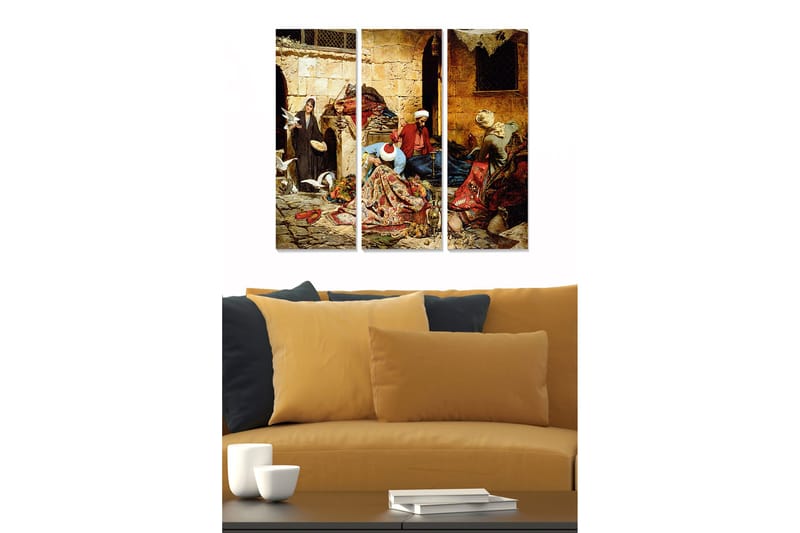 Puinen canvastaulu, 3 osaa, 50x70 cm - Vilkas markkinapaikka ihmisten ja tavaroiden kanssa historiallisessa ympäristössä, Punainen / Beige / Vihreä