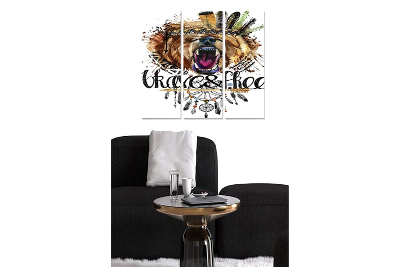 Puinen canvastaulu, 3 osaa, 50x70 cm - Villikarhu värikkäillä höyhenillä ja koristeilla, Ruskea / Musta / Oranssi