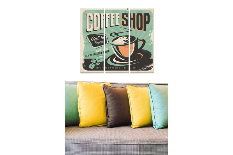Puinen canvastaulu, 3 osaa, 50x70 cm - Vintage-juliste kahvikupilla ja tekstillä COFFEE SHOP, Mintunvihreä / Musta / Oranssi