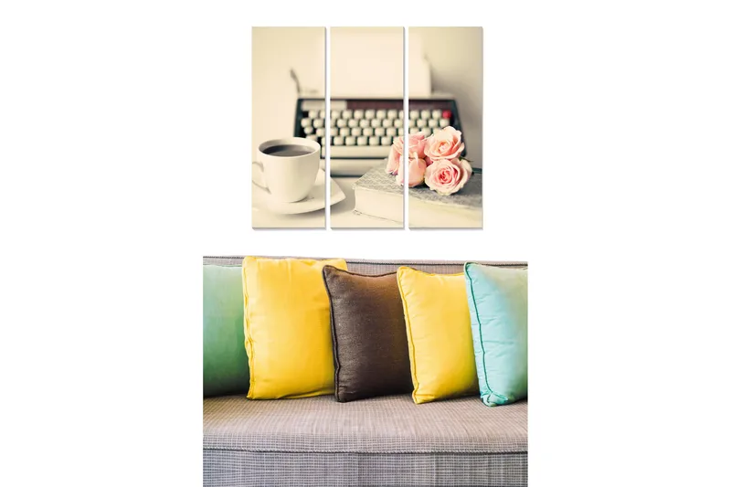 Puinen canvastaulu, 3 osaa, 50x70 cm - Vintage-kirjoituskone kahvikupilla ja ruusuilla, Vaaleanpunainen / Valkoinen / Harmaa