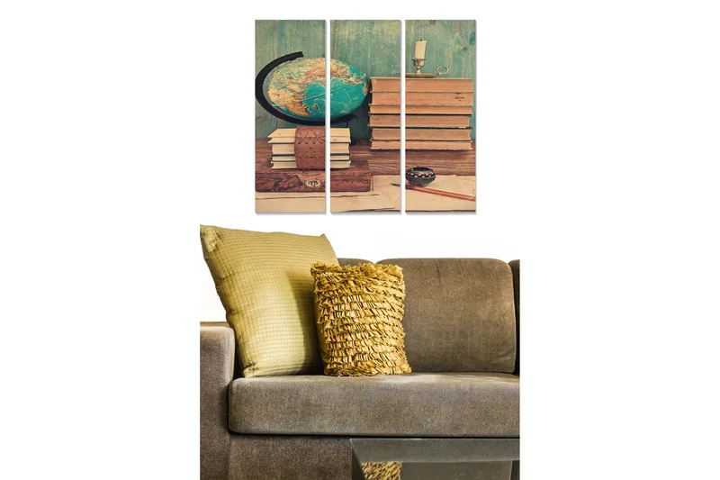 Puinen canvastaulu, 3 osaa, 50x70 cm - Vintage-työpöytä kirjoilla ja maapallolla, Vihreä / Ruskea / Beige