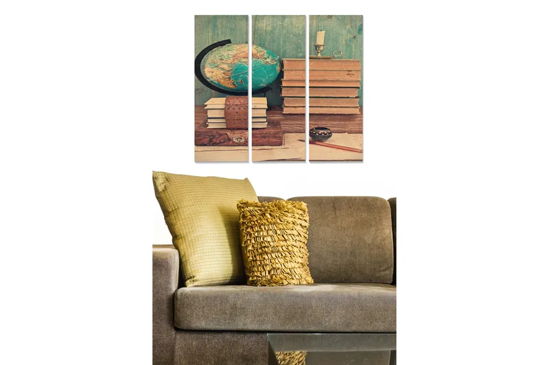 Puinen canvastaulu, 3 osaa, 50x70 cm - Vintage-työpöytä kirjoilla ja maapallolla, Vihreä / Ruskea / Beige