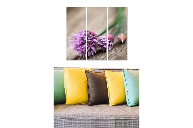Puinen canvastaulu, 3 osaa, 50x70 cm - Violetit kukat vihreillä varsilla puupinnalla, Violetti / Vihreä / Ruskea