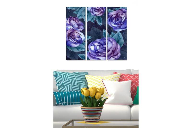 Puinen canvastaulu, 3 osaa, 50x70 cm - Violetit ruusut vihreillä lehdillä, Violetti / Vihreä / Tummansininen