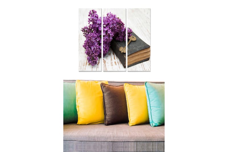 Puinen canvastaulu, 3 osaa, 50x70 cm - Violetit syreenit kauniissa sommitelmassa, vanha kirja ja avain, Violetti / Musta / Ruskea