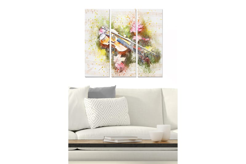 Puinen canvastaulu, 3 osaa, 50x70 cm - Viulu värikkäiden syksynlehtien ympäröimänä, Vihreä / Vaaleanpunainen / Keltainen