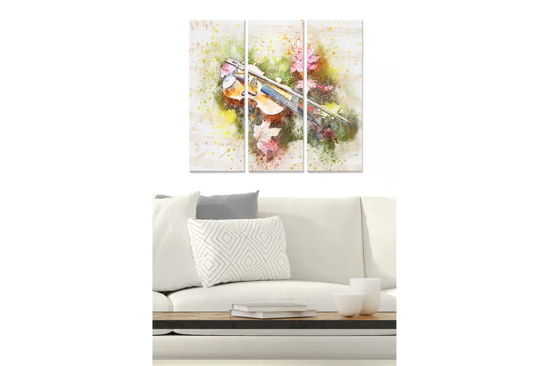Puinen canvastaulu, 3 osaa, 50x70 cm - Viulu värikkäiden syksynlehtien ympäröimänä, Vihreä / Vaaleanpunainen / Keltainen