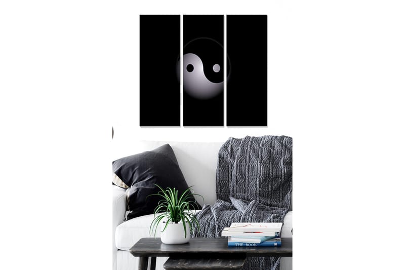 Puinen canvastaulu, 3 osaa, 50x70 cm - Yin ja Yang -symboli minimalistisessa tyylissä, Musta / Valkoinen / Harmaa