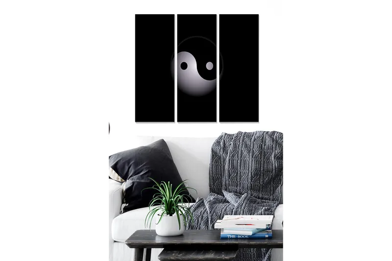 Puinen canvastaulu, 3 osaa, 50x70 cm - Yin ja Yang -symboli minimalistisessa tyylissä, Musta / Valkoinen / Harmaa