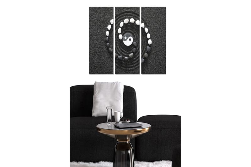 Puinen canvastaulu, 3 osaa, 50x70 cm - Yin ja Yang -symboli spiraalin muodossa kivillä mustalla taustalla, Musta / Valkoinen / Harmaa