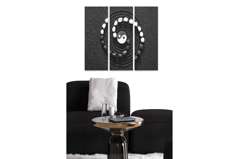 Puinen canvastaulu, 3 osaa, 50x70 cm - Yin ja Yang -symboli spiraalin muodossa kivillä mustalla taustalla, Musta / Valkoinen / Harmaa